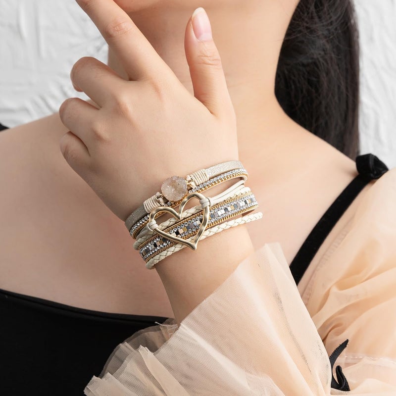 Rantanto Braid Leather Wrap Bracelet Trendy Stackable Crystal Cuff Boho Gold Heart Bracelet Jewelry Gift For Women - Image 2